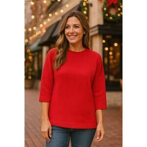 Cristina Red 3/4 Sleeve Chevron Textured Top Cotton Blend Medium